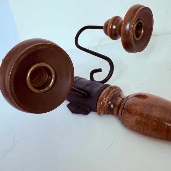 Wooden Double Arm Wall Candle Sconce VTG Turned Wood Wrought Iron Taper Holder - Picture 11 of 16
